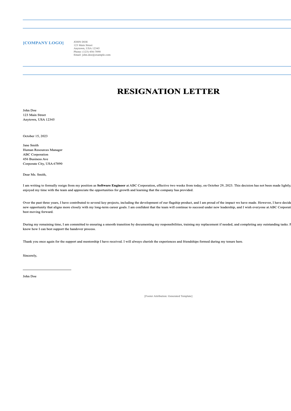 Short professional resignation letter template with placeholder fields_variant_2